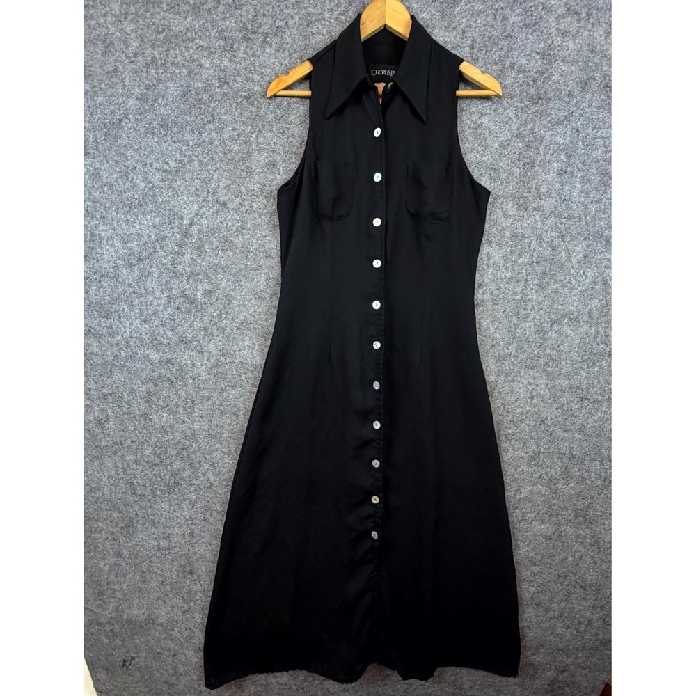 Vintage Chorus Line Maxi Shirt Dress Womens 11/12 Black Sleeveless‎ Button Up